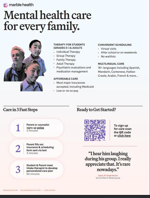 Graphic promoting mental health care services for families and students.