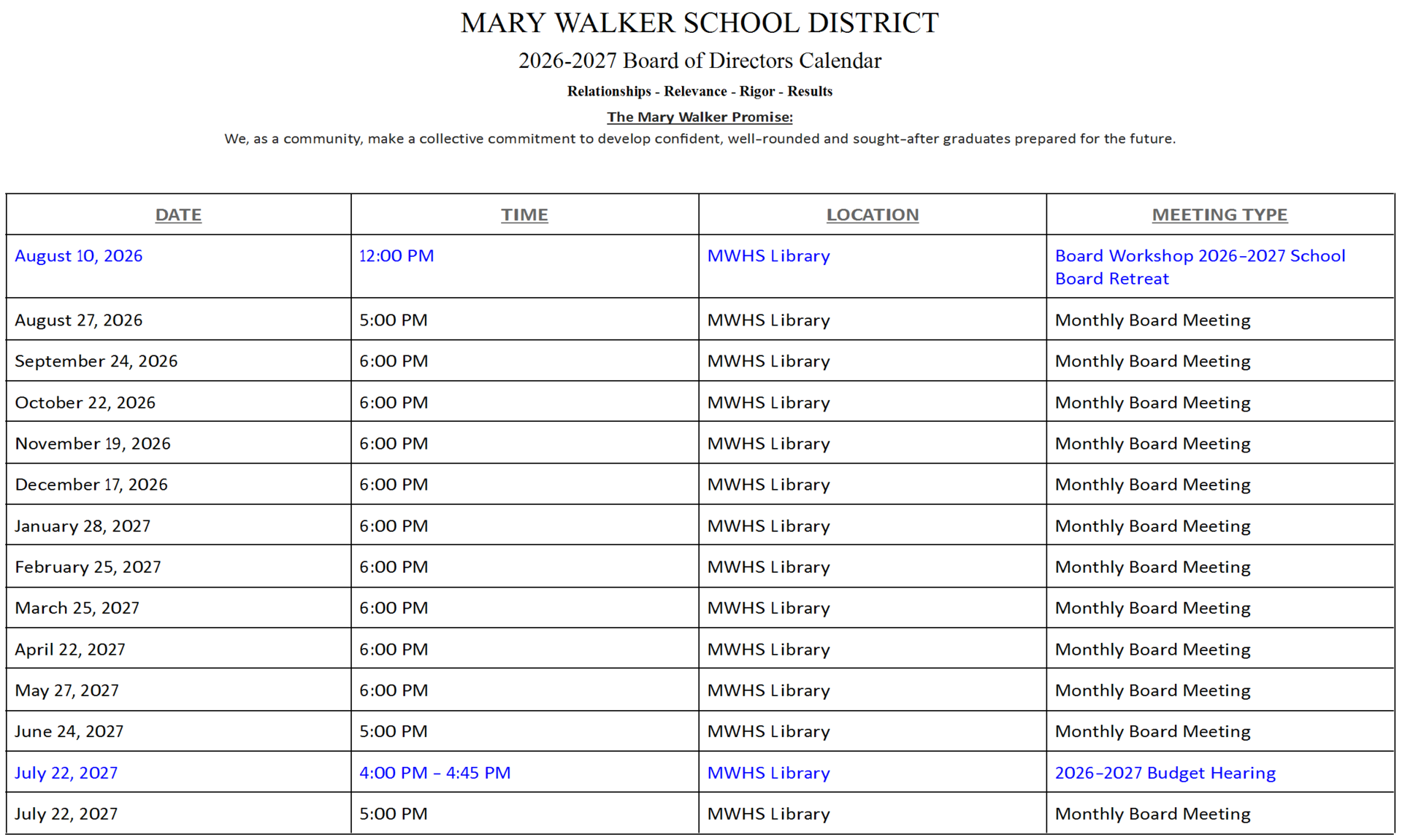Board Meeting Schedule
