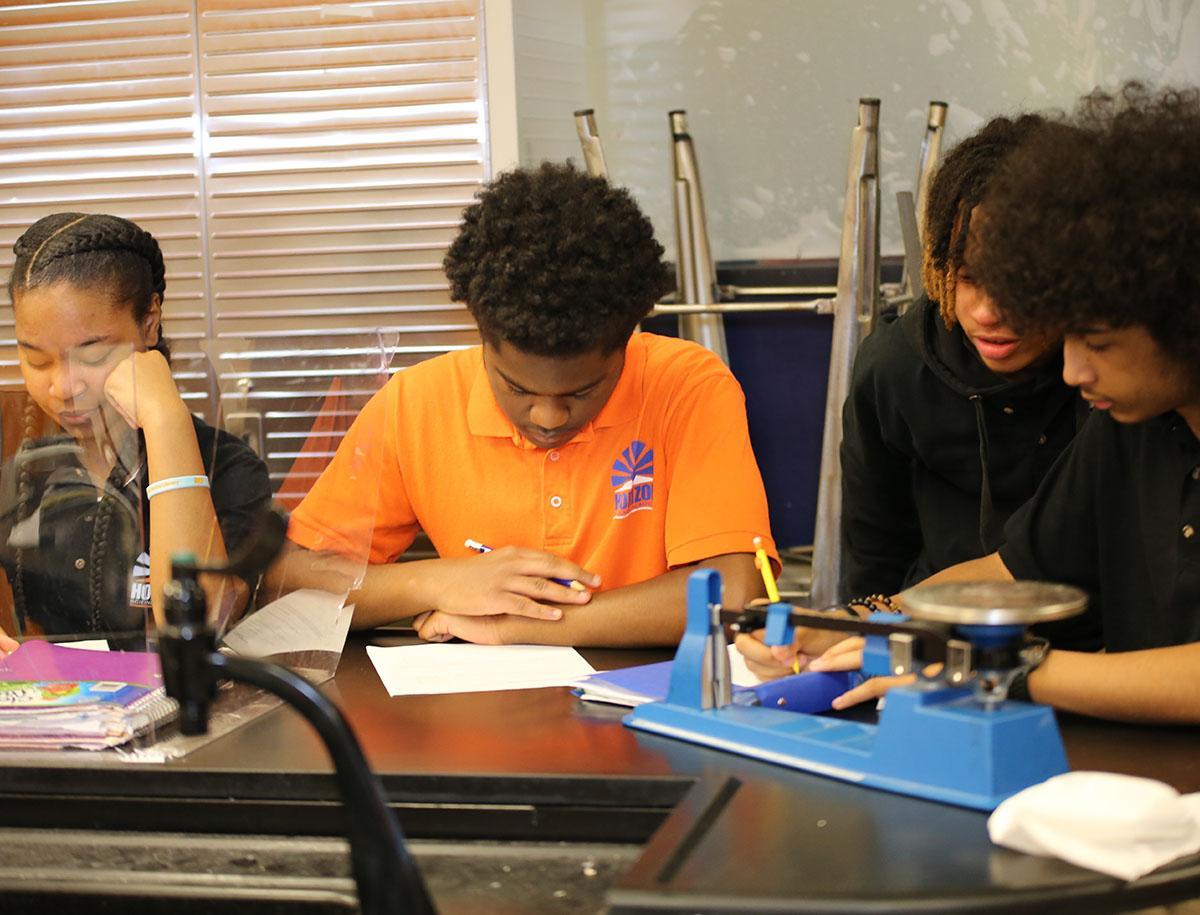 Collage showing students participating in extracurricular activities: aiming in archery, building a robot, and playing the violin in an orchestra