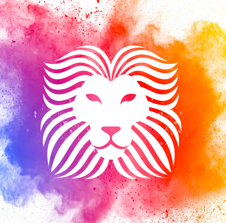 Lion logo with colored powder behind it