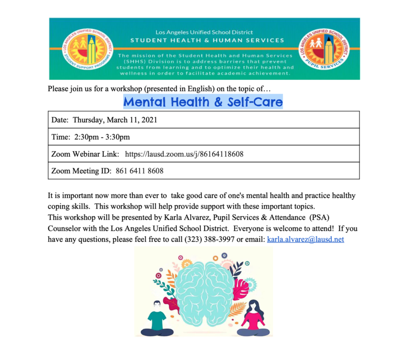 Mental Health & Self-Care Workshop Date: Thursday, March 11, 2021 Time: 2:30pm - 3:30pm Featured Photo