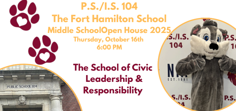 104 Middle School Open House flyer with picture of school mascot Alpha