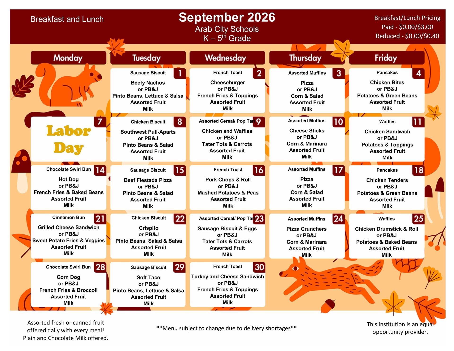 September 2026 Menu PreK-5
