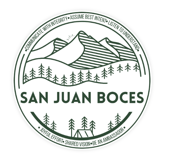 circular logo with mountains and trees
