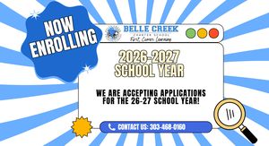 blue and white spiral striped background with BCCS logo and magnifiying glass