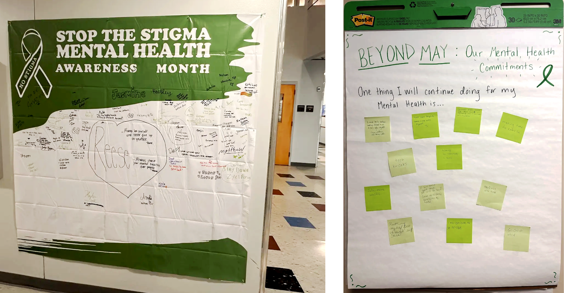 Two panels highlighting mental health awareness with handwritten notes and commitments.