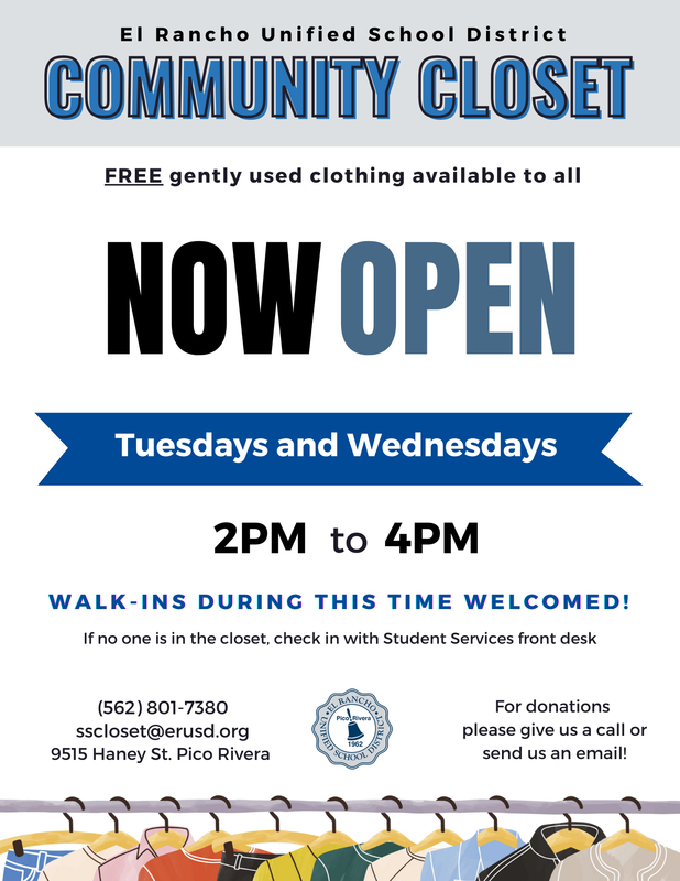 ERUSD Community Closet now open Tuesdays and Wednesdays, 2–4 PM, offering free gently used clothing.