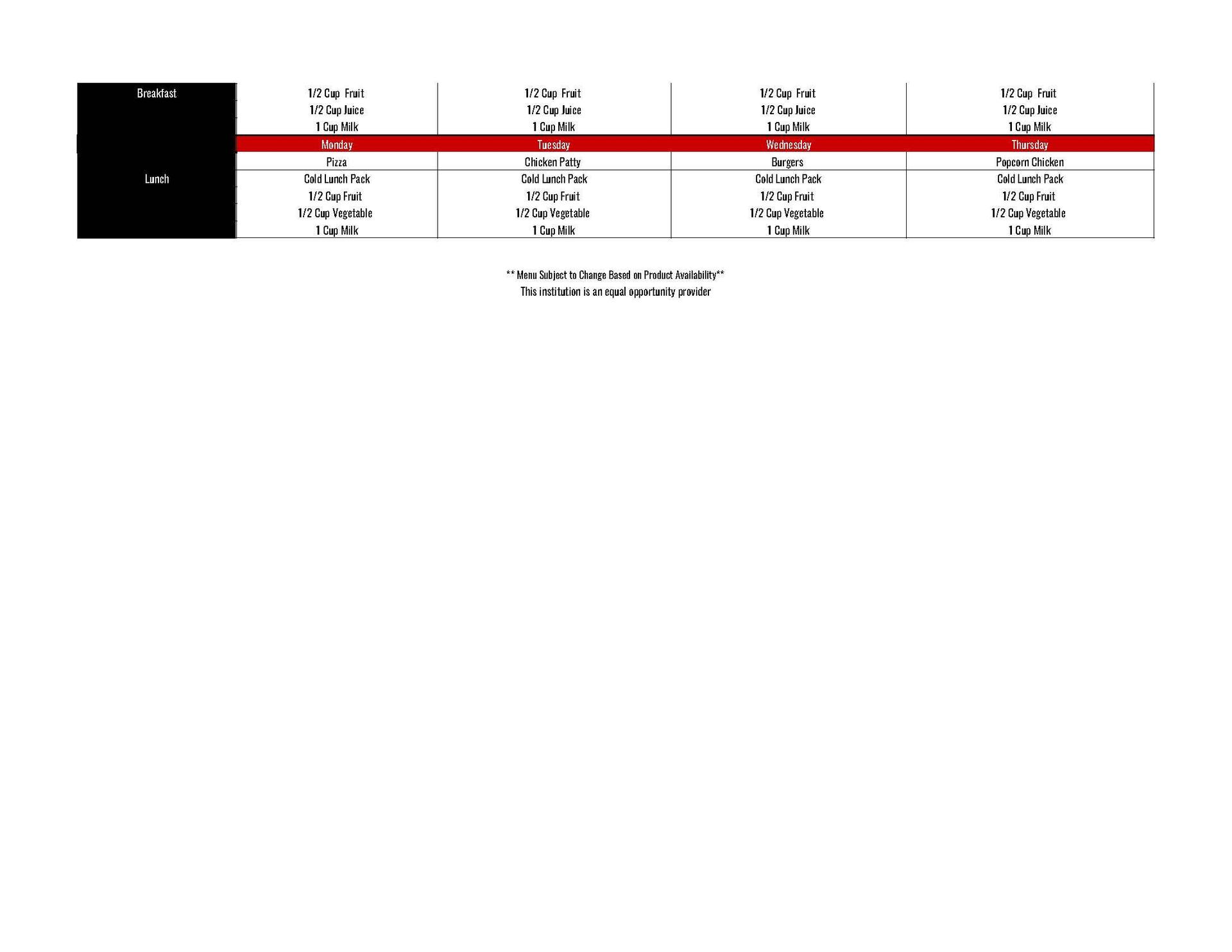 Summer Meal Menu