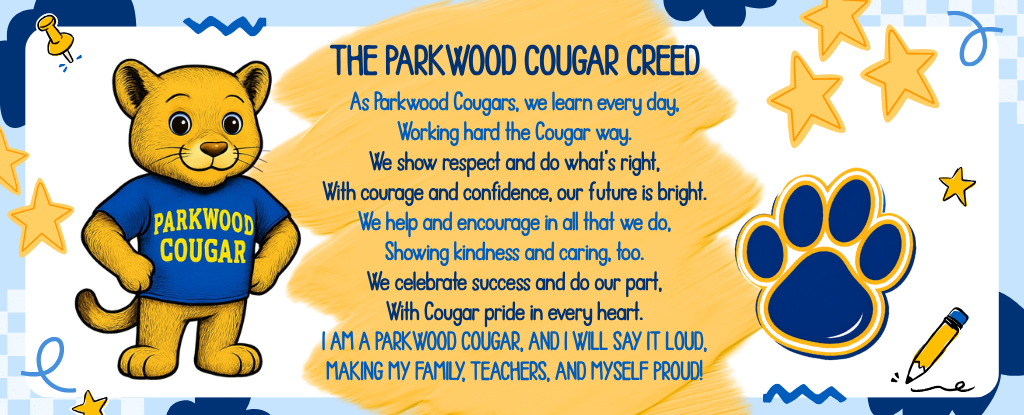 A cheerful cougar mascot with a school creed in blue and yellow, surrounded by stars and paw prints.
