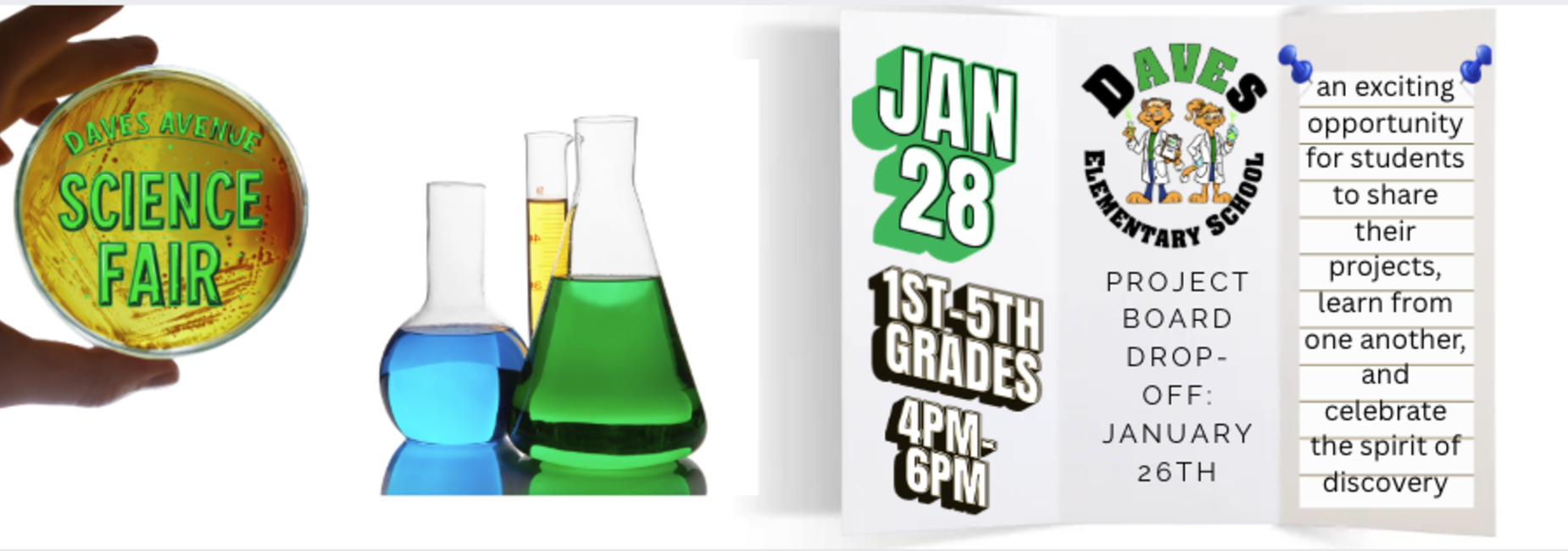 Daves Ave Science Fair is coming on Jan 28 from 4pm-6pm.  Board drop-off will be Jan 26.