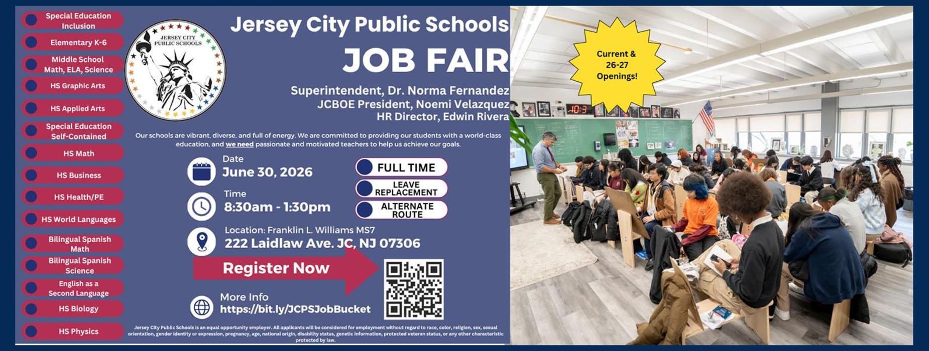 Job fair advertisement with event details and a classroom scene