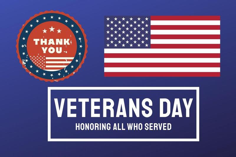 Veterans Day graphic with blue background and American flag