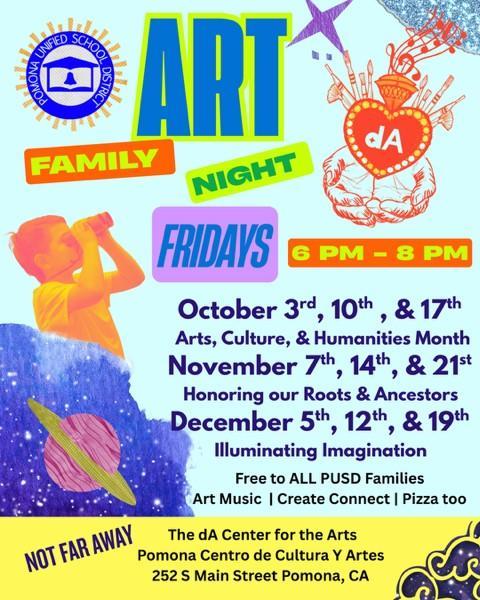 Save the Dates: PUSD Family Friday Art Nights 2025/26 infographic for web