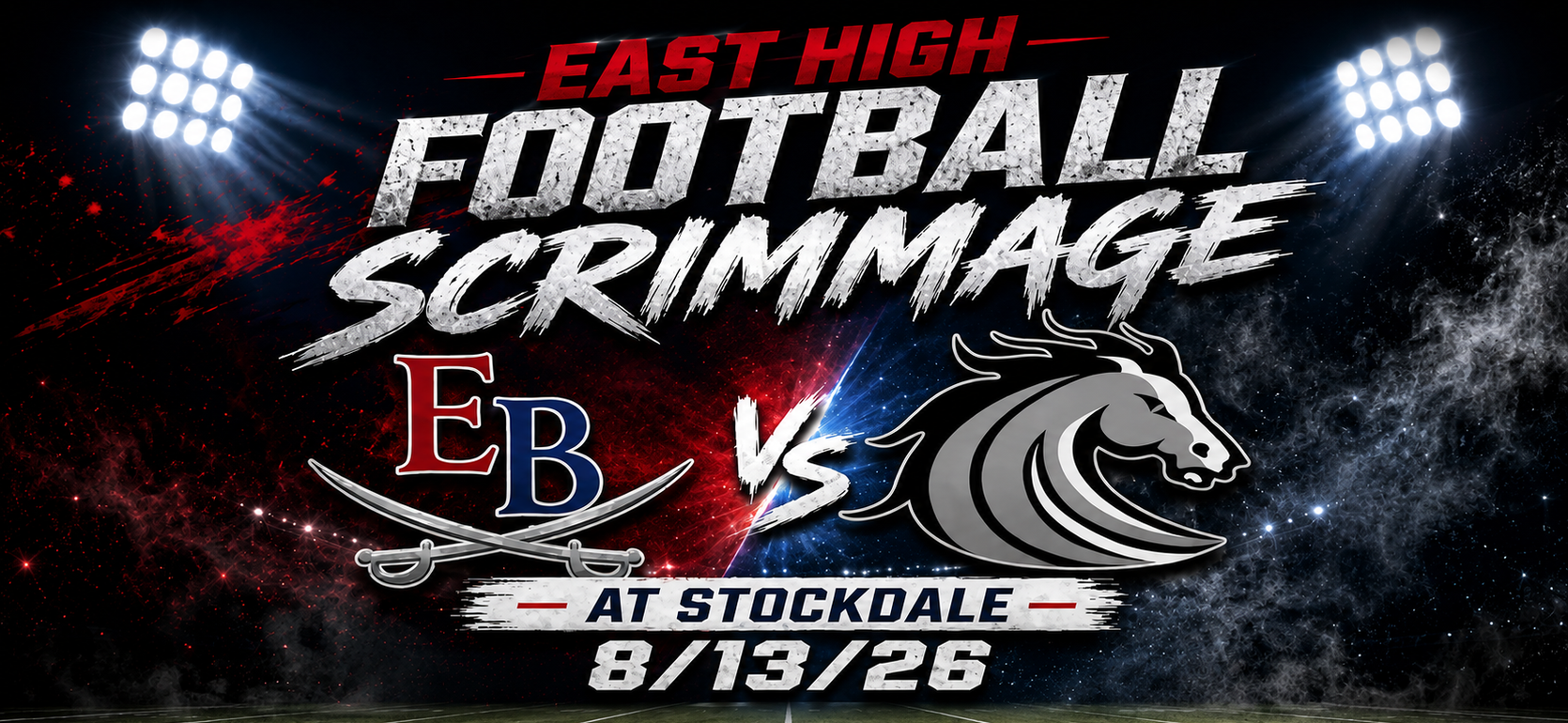 East High football scrimmage graphic featuring team logos and details.