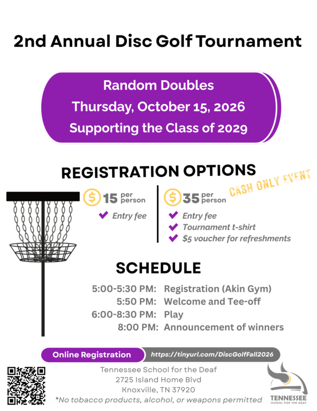 Disc golf tournament flyer with event details and registration options.