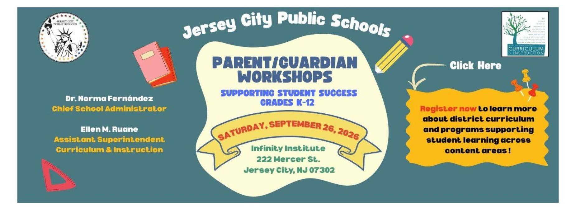 A colorful announcement for parent workshops at Jersey City Public Schools.