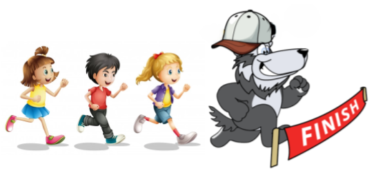 Wolf and kids running to the finish line