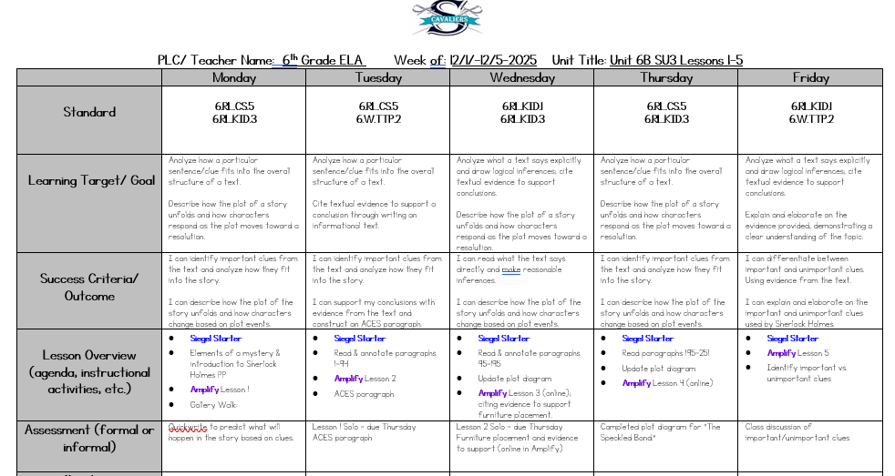 ELA Lesson Plans December 1 - 5