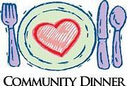 Illustration of a plate with utensils and a heart, labeled 'Community Dinner'.