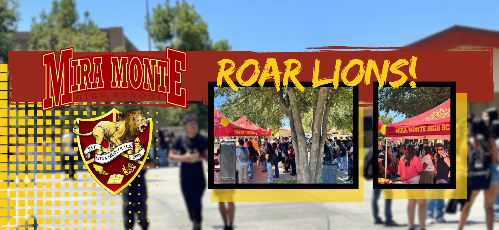 Crowd gathering at Mira Monte High School with banners and tents promoting school events.