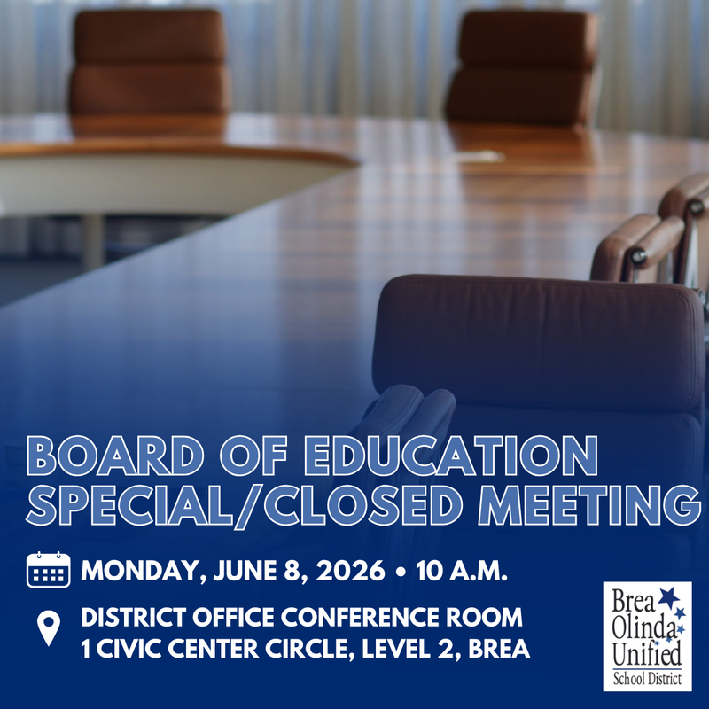 graphic designed image with a conference room table and chairs and a blue overlay. Text on image with details of the Board Meeting on June 8