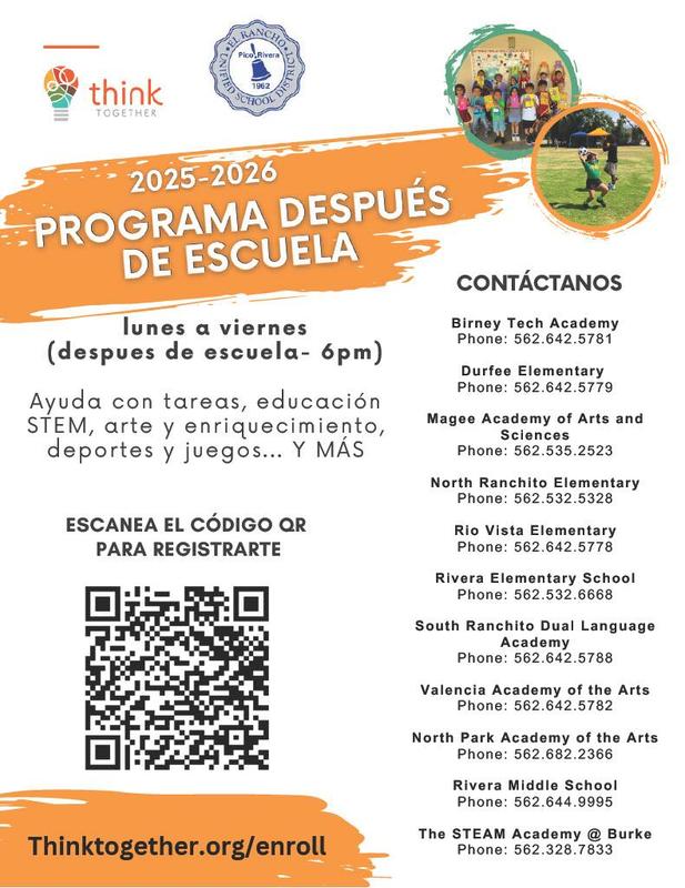 Obtenga más información sobre nuestro programa después de clases revisando el volante de Think Together y visitando su mesa durante la inscripción la próxima semana frente al vestidor de niños.