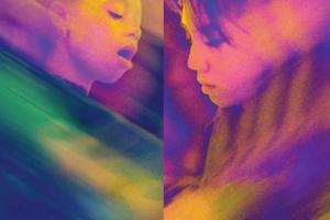 Two abstract portraits blended in vibrant purple and yellow hues.