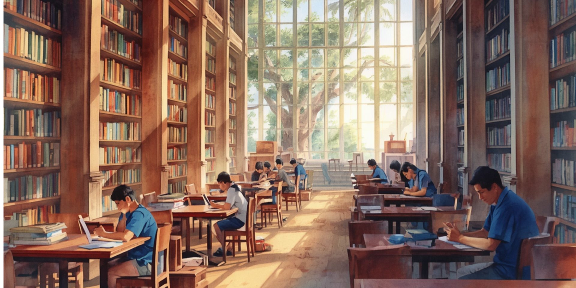 The photo shows a library with a large window and students studying at various tables.