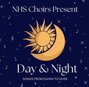Dark blue background with gold stars, gold moon, gold sun.