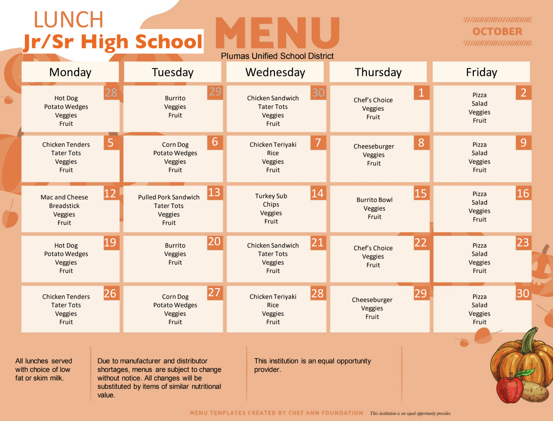 October JrSr High Lunch Menu