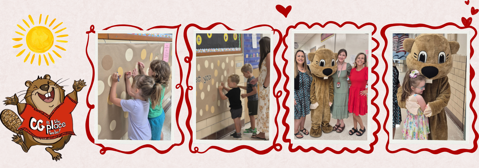 Children interacting with a wall display and a mascot in a fun, festive environment.