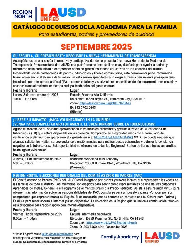 Region North Family Academy Flyer Page 1 Spanish