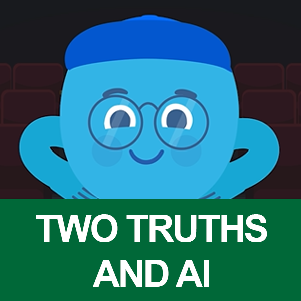 Two Truths and AI image of blue character with glasses