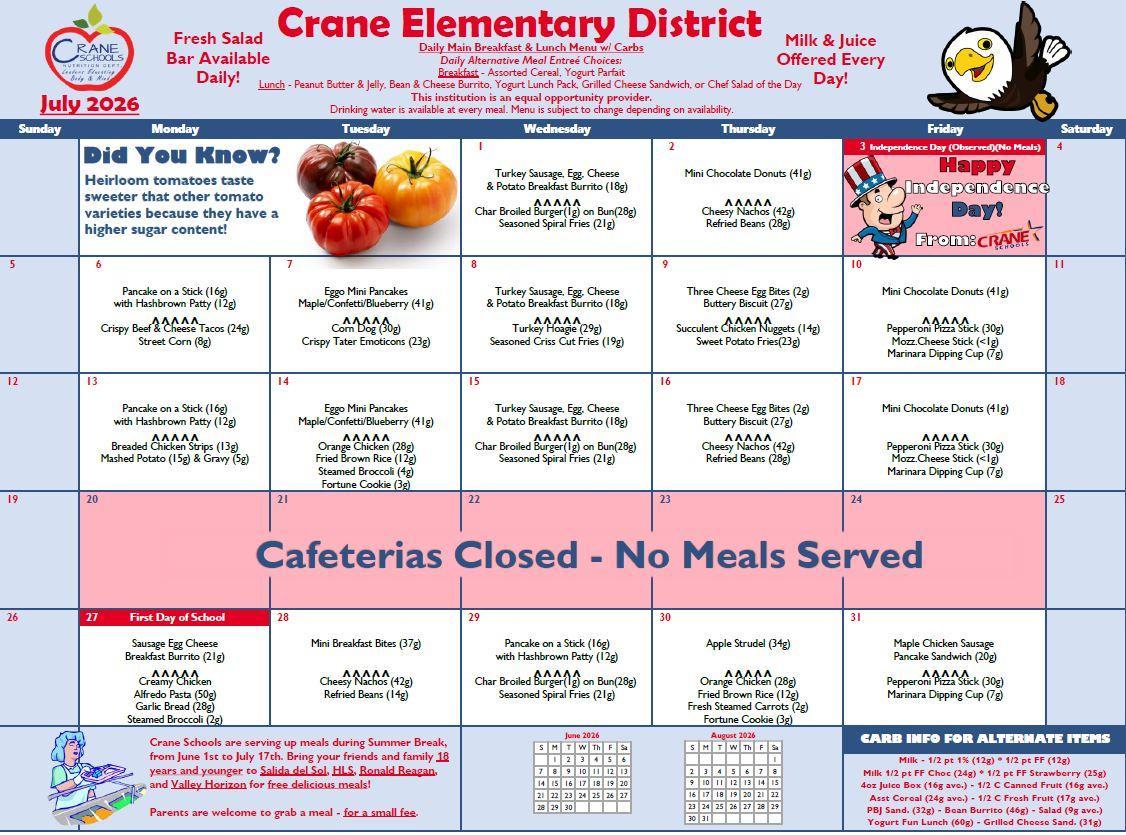 Crane Schools July 2026 Menu