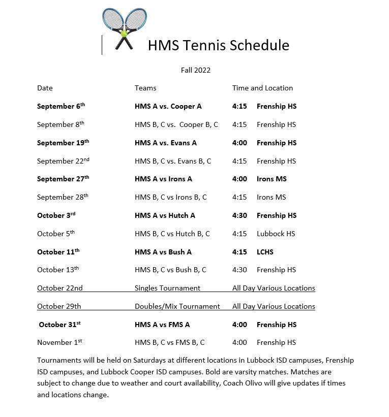 Schedules and Results Tennis Heritage Middle School
