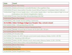 Event list for October 2026, highlighting special days and activities.