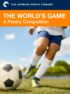 The front flyer of LAPL poetry contest, featuring a running child kicking a soccer ball.
