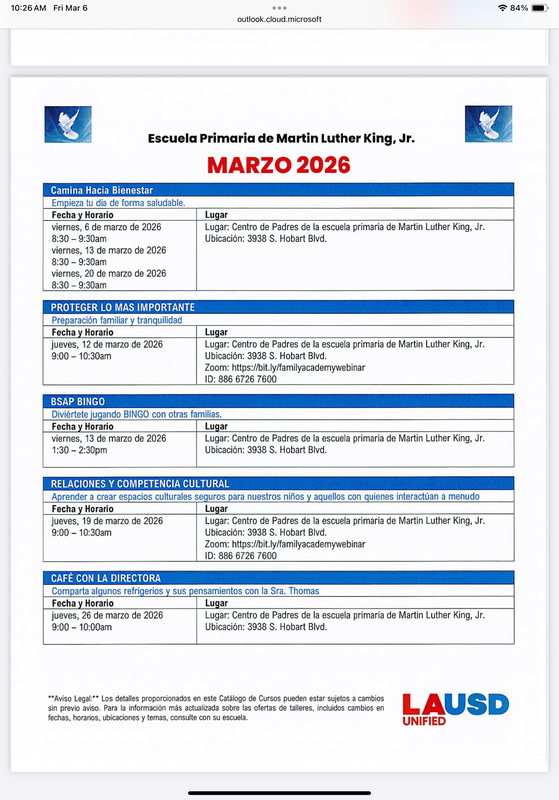 March Course Catalog/Catalogo de curso de Marzo