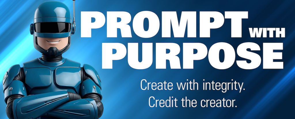 A character in a blue suit alongside the text promoting integrity in creation.