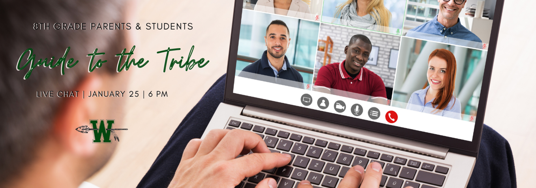 man on laptop in a virtual meeting with 6 others