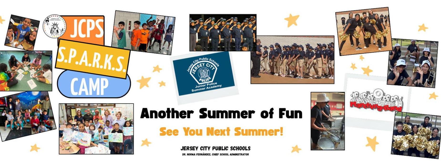 A collage of children participating in summer camp activities and performances.