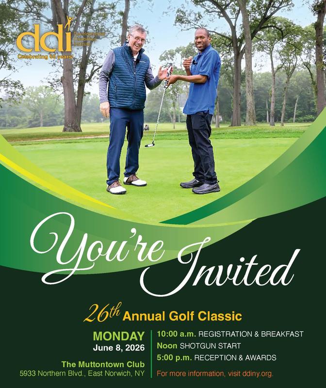 Two men smiling on golf course holding a golf club. DDII Invite for 26th Annual Golf Classic