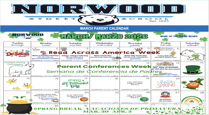March Parent Calendar/Calendario de padres para el mes de marzo Featured Photo
