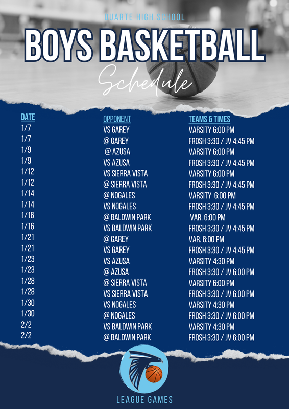 Boys basketball schedule with match details for Duarte High School.