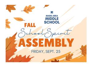Pumpkin-themed poster promoting a school spirit assembly on September 25.