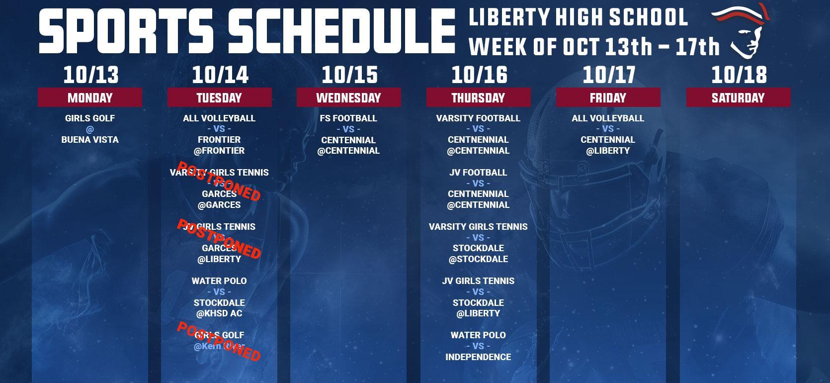 Weekly sports schedule for Liberty High School, October 13th to 18th 2023.