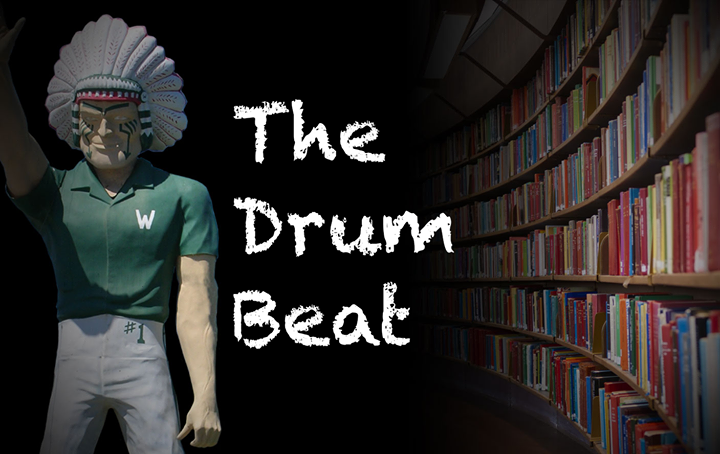 The Drum Beat logo with Indian mascot and books