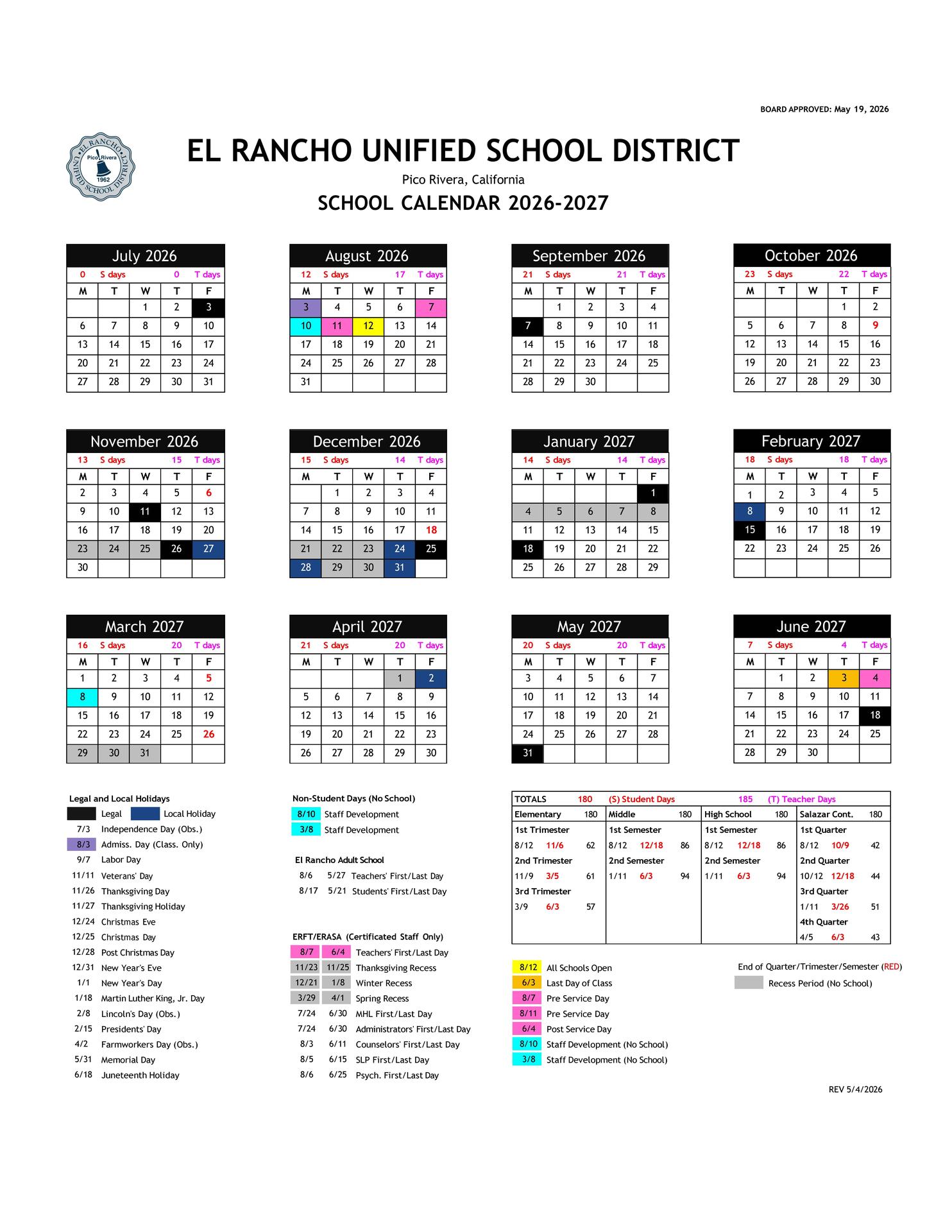 El Rancho Unified School District 2026-2027 School Attendance Calendar