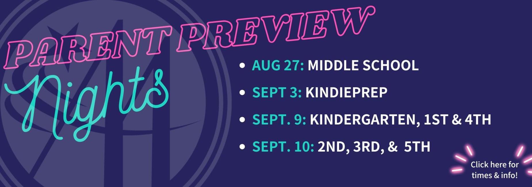 Text announcing Parent Preview Nights with event dates and grade levels.