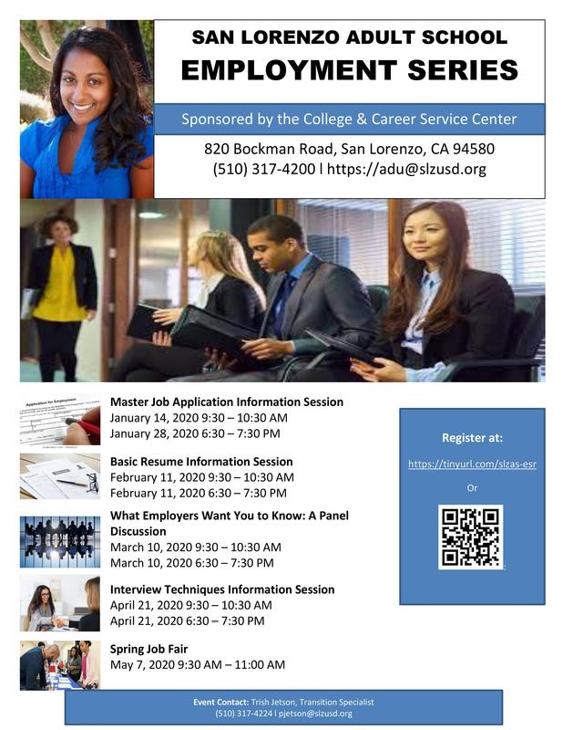 SAN LORENZO ADULT SCHOOL EMPLOYMENT SERIES Featured Photo